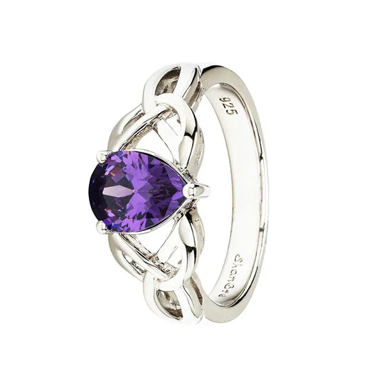 Sterling Silver Amethyst Cubic Zirconia Trinity Knot Ring