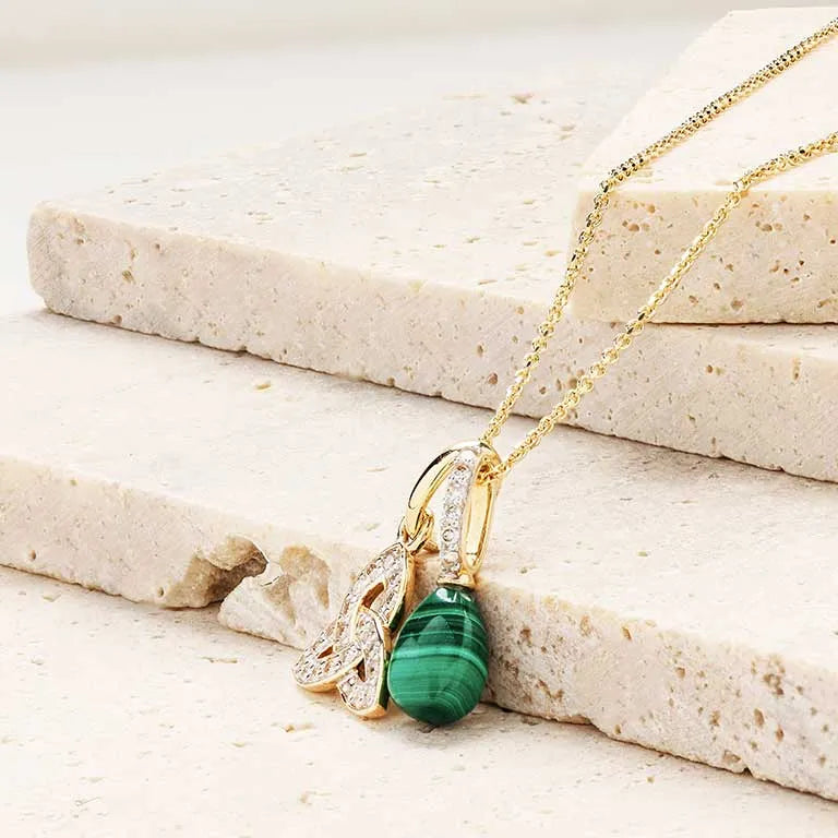 14ct Gold Lab Grown Diamond Malachite Trinity Necklace