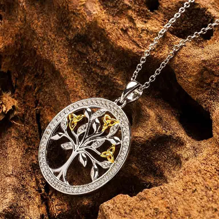 Sterling Silver Cubic Zirconia Gold Plated Tree of Life Necklace