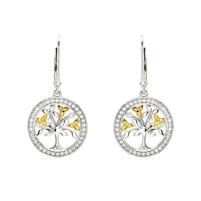 Sterling Silver Cubic Zirconia Gold Plated Tree of Life Earrings