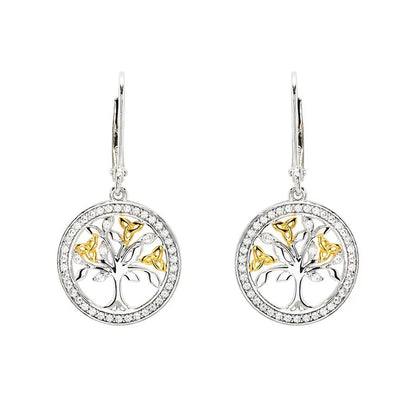 Sterling Silver Cubic Zirconia Gold Plated Tree of Life Earrings