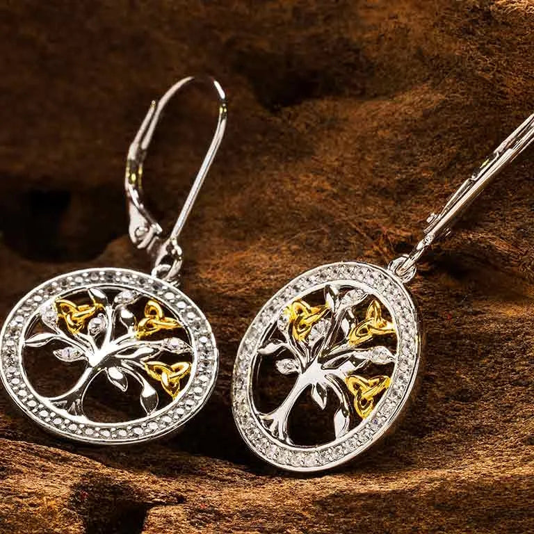 Sterling Silver Cubic Zirconia Gold Plated Tree of Life Earrings