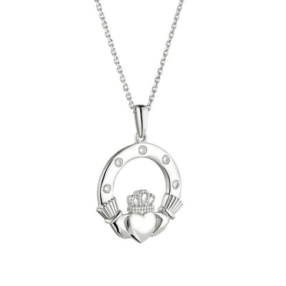 14ct White Gold flush set Diamond Claddagh Necklace